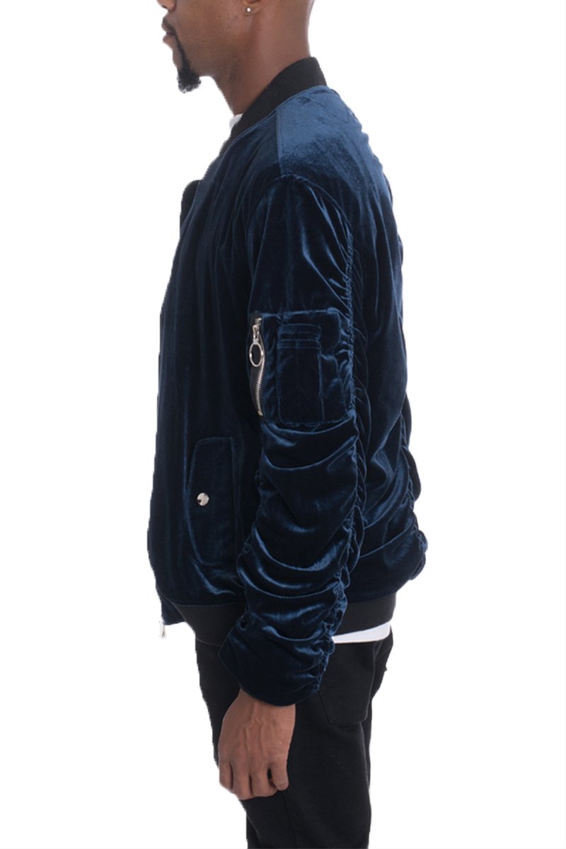 Velour Cinch Sleeve Bomber Jacket