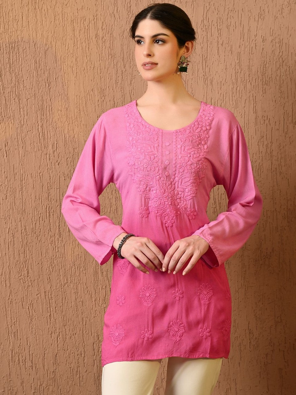 Women Round Neck Embroidered Ombre Rayon Tunic (Color Pink) (Size XL)