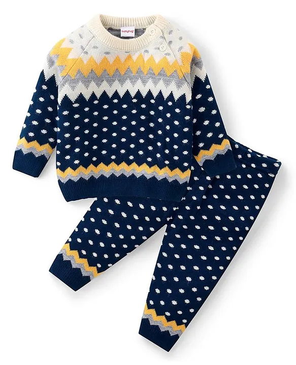 Knitted Full Sleeves Baby Sweater Set with Argyle Design