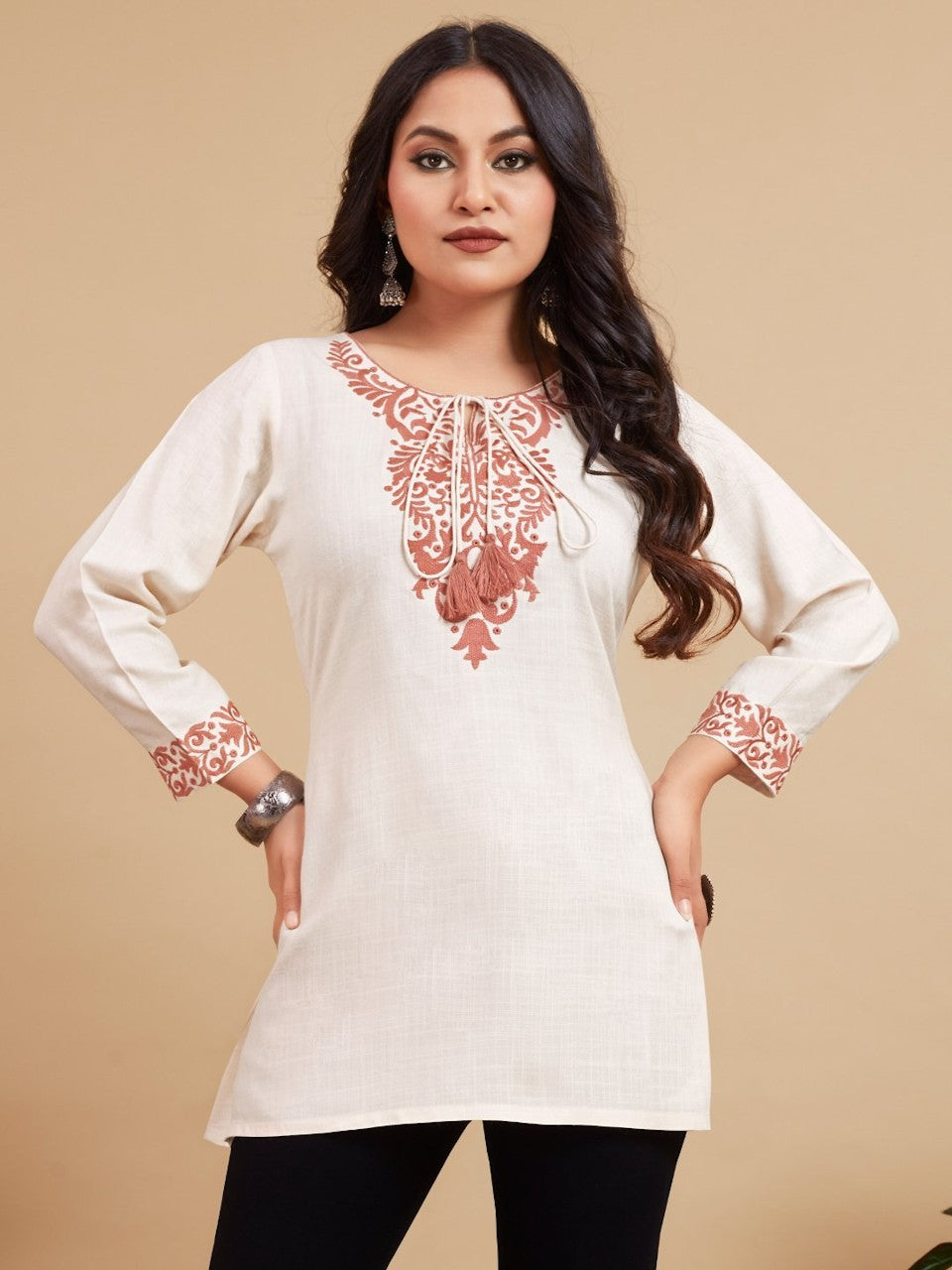 Women Round With String Rayon Embroidered Tunic (Color Beige) (Size M)