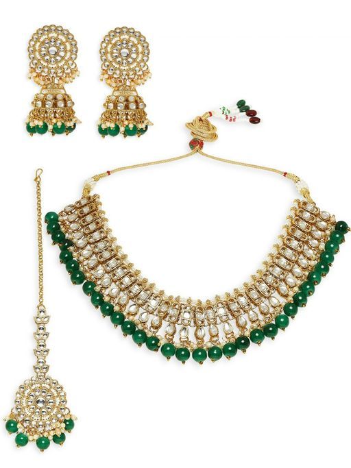 Green Beads & Kundan Ethnic Choker Necklace Set with Earrings &