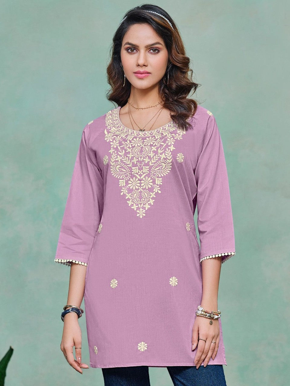 Women Cotton Neck Embroidery Tunics (Color Mauve) (Size L)