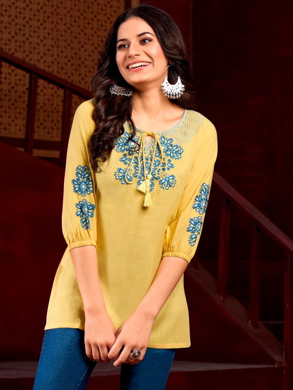 Women Round Neck With String Rayon Embroidered Tunic (Color Yellow)